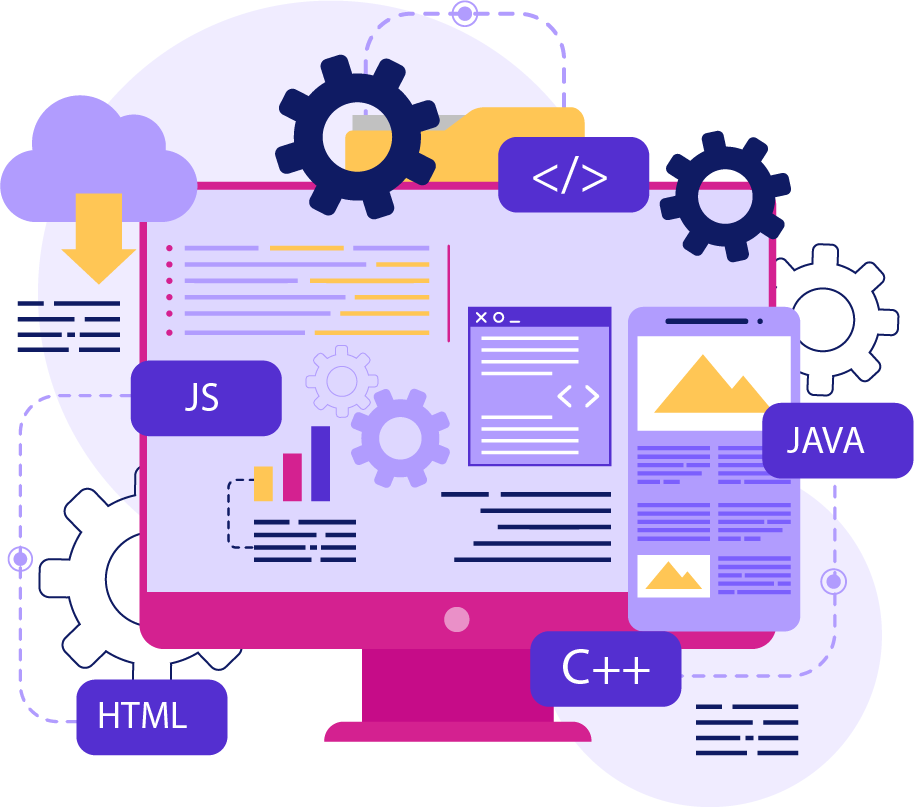 Monitor, laptop y logos de HTML, CSS, JavaScript y React.